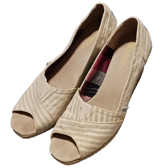Toms Shoes Womens 8.5 Calypso Espadrille Wedge Heels SlipOn Beige Canvas PeepToe - Picture 1 of 9
